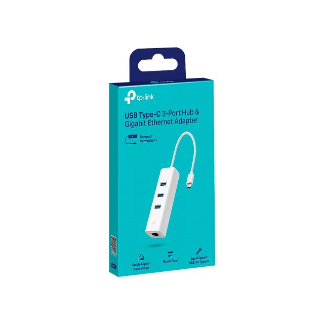ADAPTADOR TP-Link USB-C a Ethernet Gigabit con HUB de 3 Puertos USB-3.0