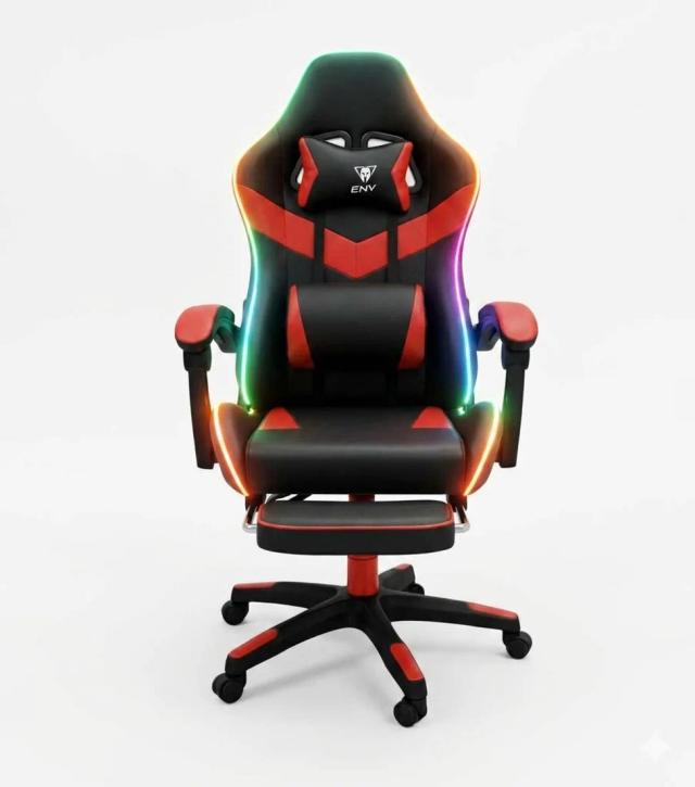 Silla Gamer ENV ThroneX Black/Red Iluminación RGB + Altavoces Almohada cabeza y zona lumbar Rotación 360° Reposapiés retráctil